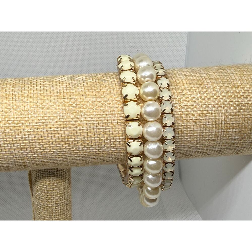 NWOT Stack Bracelet Set Tennis Rhinestone + Faux Pearl Stretch 8” 3pc